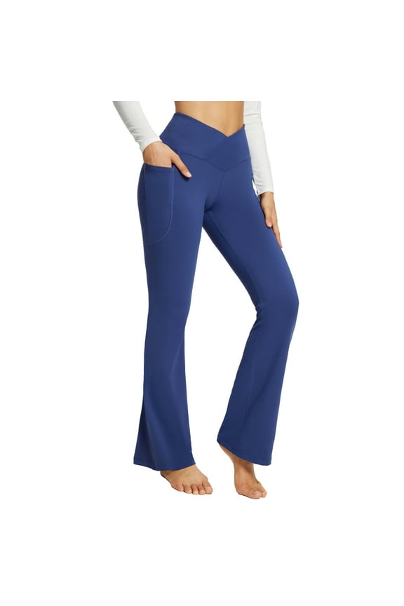 Womens Pants Flare Leggings Bootcut Yoga Pants Crossover High Waist Workout Casual Trendy Pants with Pockets Navy Blue 29" M