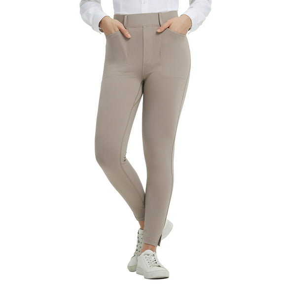 BALEAF Womens Skinny Dress Pants Stretch Petite Yoga Work Pants Pull On Dressy Leggings with Zipper Pockets 7/8 Ankle Beige L