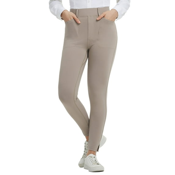 BALEAF Womens Skinny Dress Pants Stretch Petite Yoga Work Pants Pull On Dressy Leggings with Zipper Pockets 7/8 Ankle Beige L