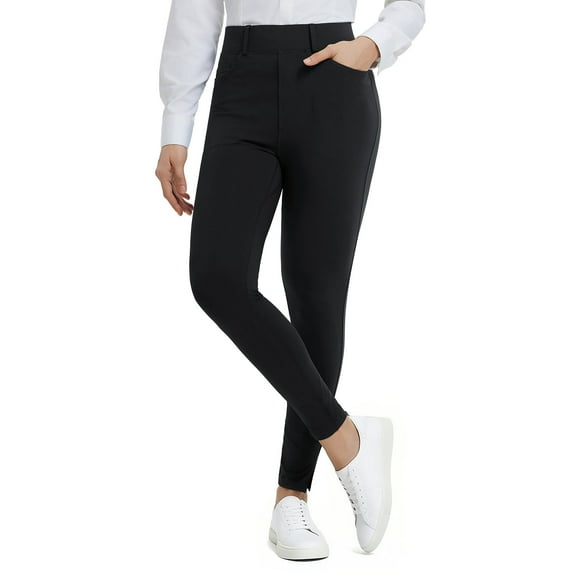 BALEAF Womens Skinny Dress Pants Stretch Petite Yoga Work Pants Pull On Dressy Leggings with Zipper Pockets 7/8 Ankle Black M