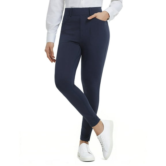BALEAF Womens Skinny Dress Pants Stretch Petite Yoga Work Pants Pull On Dressy Leggings with Zipper Pockets 7/8 Ankle Navy L