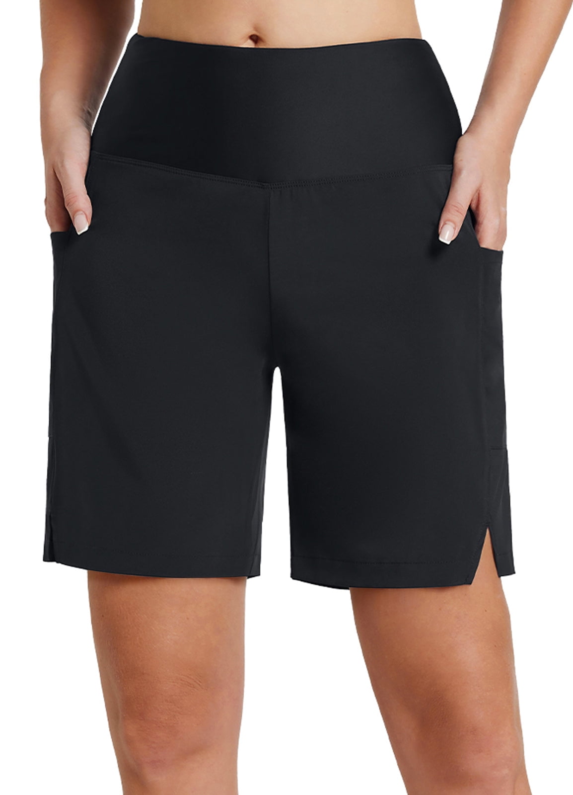 BALEAF Womens Swim Shorts Long 7" High Waisted Quick Dry Board Shorts Beach Shorts for Women with Linner Pockets Black XL