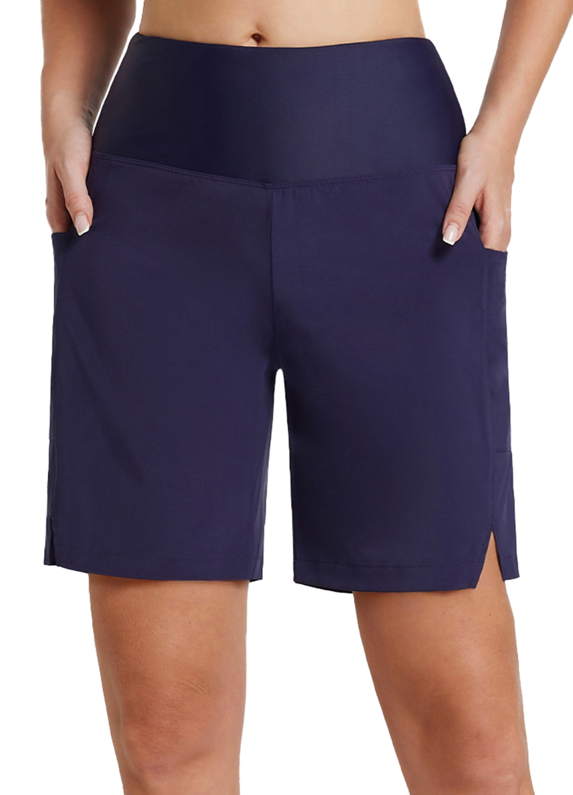BALEAF Womens Swim Shorts Long 7" High Waisted Quick Dry Board Shorts Beach Shorts for Women with Linner Pockets Dark Blue M