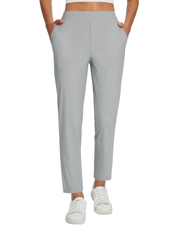Womens Work Pants Stretch Petite Dressy Slacks with Pockets Travel Golf Business Casual Light Gray M