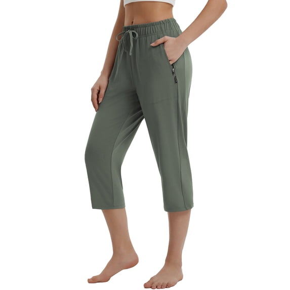 BALEAF Womens Yoga Capri Pants with Zipper Pockets Summer Drawstring Capris Joggers Lounge Crop 19" Green M