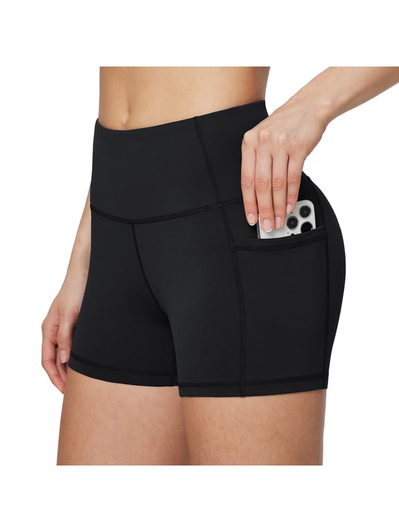 Workout Shorts Women Biker Yoga Gym Spandex Running Volleyball Tummy Control Compression with Pockets 3" Black L
