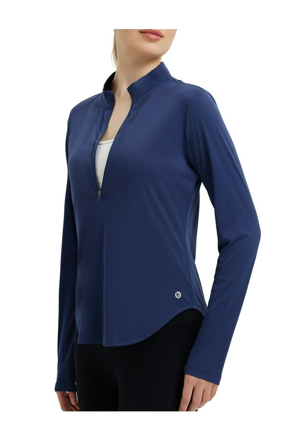 Workout Tops for Women UPF50+ Half 1/4 Zip Sun Shirt Rash Guard Long Sleeve Lightweight Clothing UV Protection Running Navy Blue L