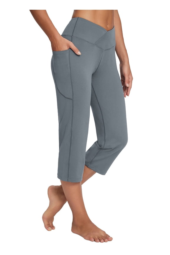 Yoga Pants for Women Capris V Crossover Waist Leggings with Pockets Wide Leg Exercise Workout Crop Straight Open Bottom Dark Gray M