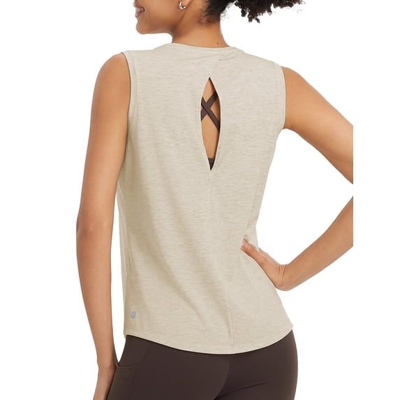 BALEAF Yoga Tops for Women Racerback Open Back Workout Tank Tops Sleeveless Running Shirts Loose Fit Athletic Gym Sports Beige M