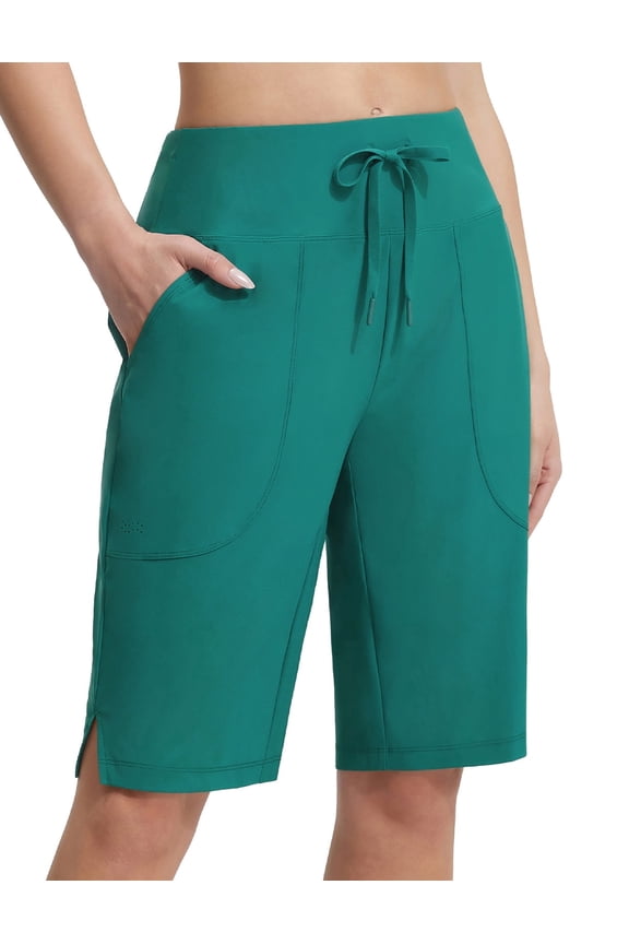 long Swim Shorts For Women Bermuda High Waisted Quick Dry Swimming Bottoms Knee Length Tummy Control Swimsuits with Pockets Liner Green L