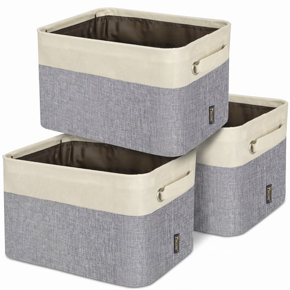 BALEINE 3 pack Fabric Storage Bins for Shelves, Linen Closet Organizer Baskets, Gray