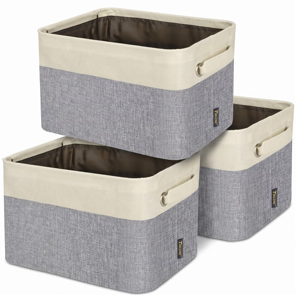 BALEINE 3 pack Fabric Storage Bins for Shelves, Linen Organizer Baskets, Gray