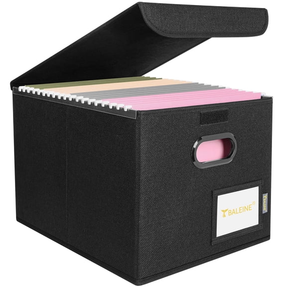 BALEINE File Organizer Box with Lid, Collapsible Hanging File Folder Storage Box, Black,1pk