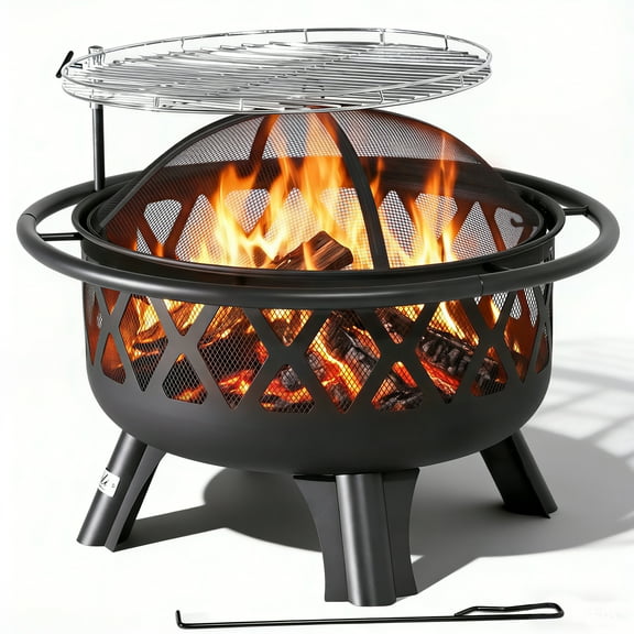 BALI OUTDOORS 30'' Fire Pit with Grill, Wood Burning Firepit with Screen Lid and Poker for Backyard Barbecue, Camping