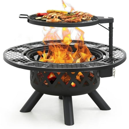 BALI OUTDOORS 32 inch Fire Pit with Poker, Wood Burning Fire Pit Patio for Outside with Grill