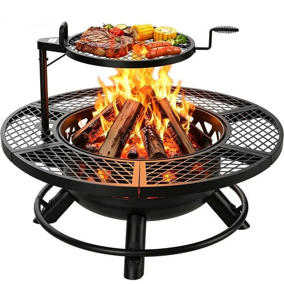 BALI OUTDOORS 40 inch Fire Pit with Poker, Wood Burning Fire Pit Patio for Outside with Grill