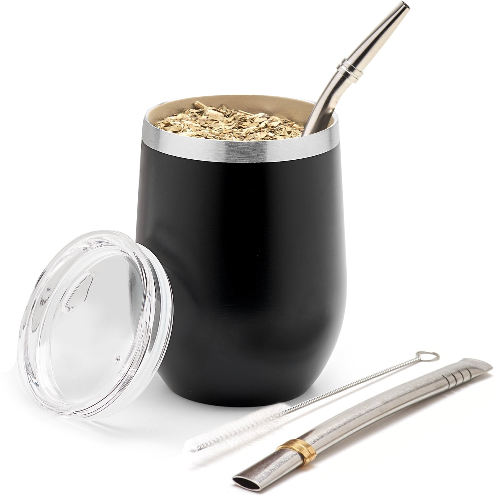 BALIBETOV Modern Mate Cup And Bombilla Set (Yerba Mate Cup) -Yerba Mate Set includes Double Walled 18/8 Stainless Steel Mate Tea Cup, Two Bombilla Mate (Straw) and a Cleaning Brush (Black, 12)