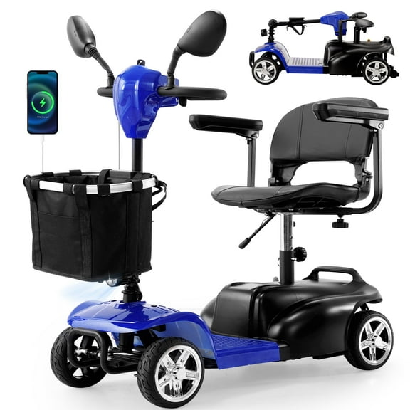 30 Miles Long Range 4 Wheel Electric Mobility Scooter with 350W Motor, Foldable Mobility Scooter for Adults/Seniors, 300LBS Capacity, Cup Holder, USB Port, Compact & Portable for Elderly,Blue