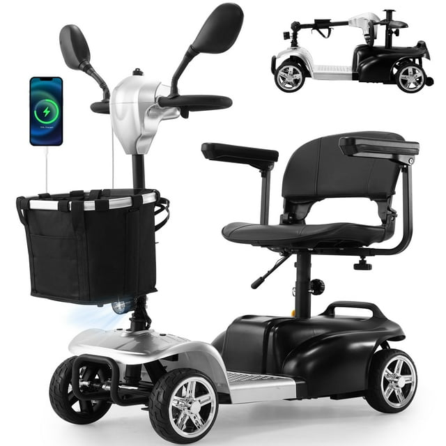 30 Miles Long Range 4 Wheel Electric Mobility Scooter with 350W Motor, Foldable Mobility Scooter for Adults/Seniors, 300LBS Capacity, Cup Holder, USB Port, Compact & Portable for Elderly, Silver
