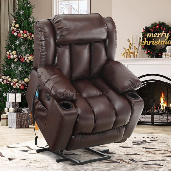 BALICHUN Large Power Lift Recliner Chair with Massage and Heat for Elderly, Overstuffed Wide Recliners, Breathable Leather with Breathable microporous, USB Ports, 2 Cup Holders (Brown)