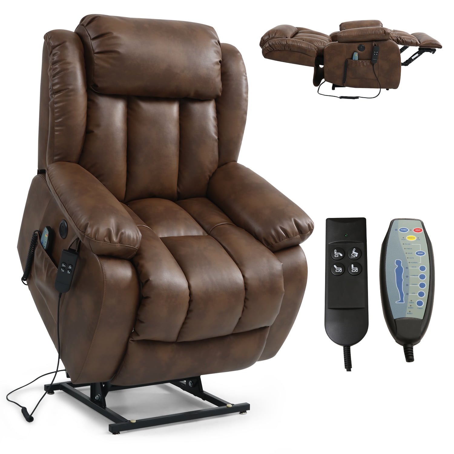BALICHUN Lay Flat Sleeping Dual OKIN Motor Lift Chair Recliners for Elderly with Heat and Massage Up to 350 LBS Breathable Leather with Breathable microporous USB Ports Light Brown Walmart Business Su...