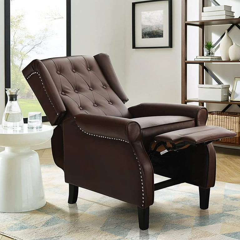 BALICHUN Upholstered Leather Recliner Chair, Brown Wingback Push