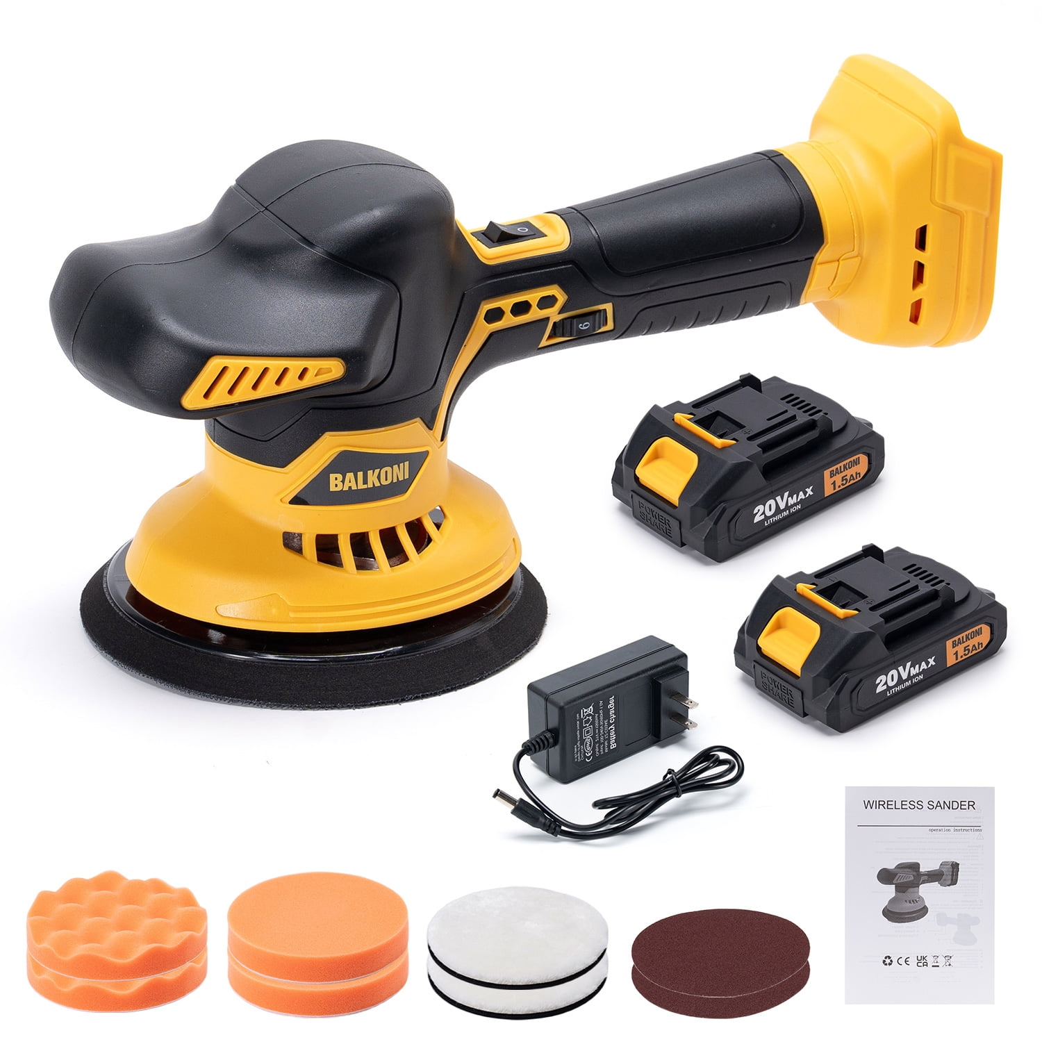 BALKONI 20V Cordless Buffer Polisher Kit - 6 Variable Speed, 2×1500mAh Batteries, 8 Accessories | Cordless Car Polisher For Detailing, Waxing, Polishing, Scratch Removing & Bathroom Cleaning