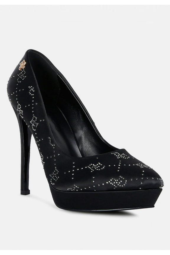 BALLARD Black Monogram Satin Stiletto Pumps