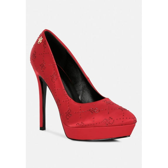 BALLARD Red Monogram Satin Stiletto Pumps