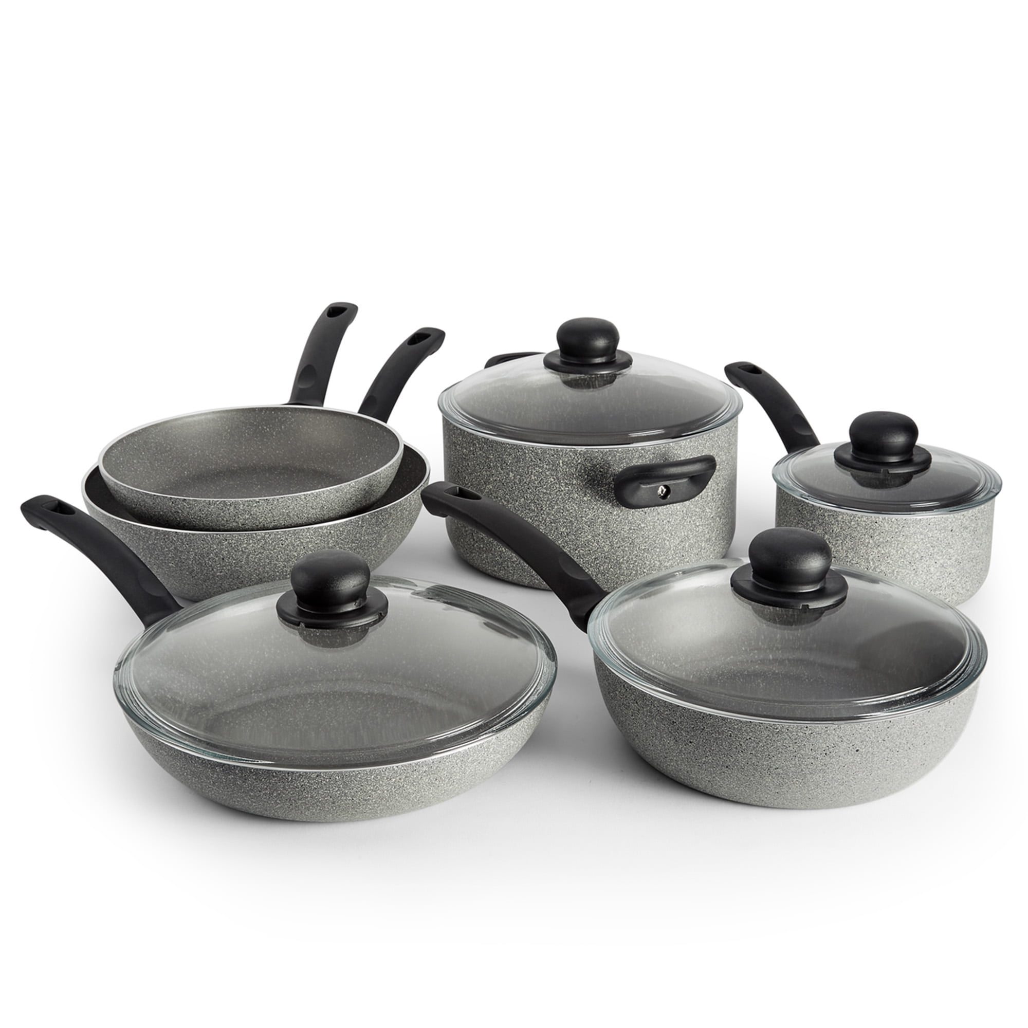 10-Piece Gray Aluminum Nonstick Cookware Set with Glass Lids