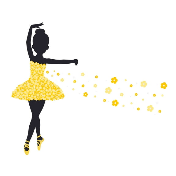 BALLERINA - Vinyl Adhesive Young Ballet Dancer Silhouette Decor Falling Flowers Design Removable Kids Girls Bedroom Wall Decal - Home Dance Studio Yellow Tutu Floral Dress Wall Sticker 10" x 8"