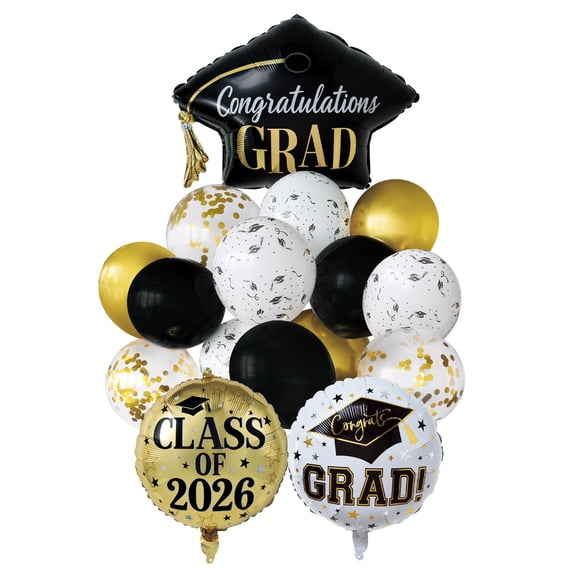 2026 Balloon Bouquet Decoration, Gold/Black/White, 18 Pieces, Graduation by Way To Celebrate