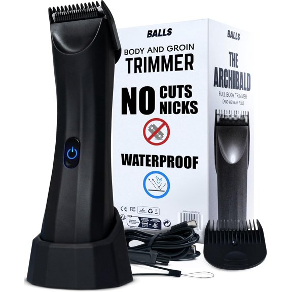 BALLS Trimmer V3 The Archibald - Body & Pubic Hair Shaver for Men - No Cuts, Sacksafe Guard, Rechargeable, 100% Waterproof, Cordless - Wet/Dry with Replaceable Ceramic Blades Archibald Trimmer