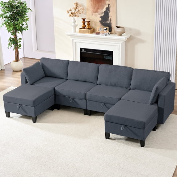 BALUS 110" U Shaped Sectional Sofa with Storage, 6-Seats Convertible Modular Sectional Sofa with Ottomans, Linen , Dark Gray