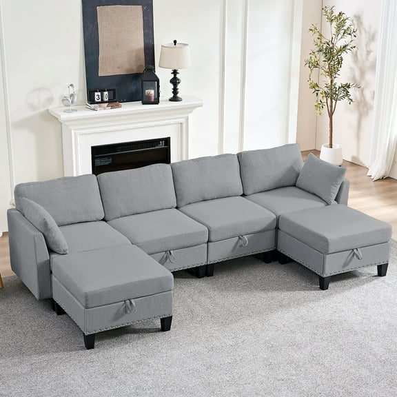 BALUS 110" U Shaped Sectional Sofa with Storage, 6-Seats Convertible Modular Sectional Sofa with Ottomans, Linen , Light Gray