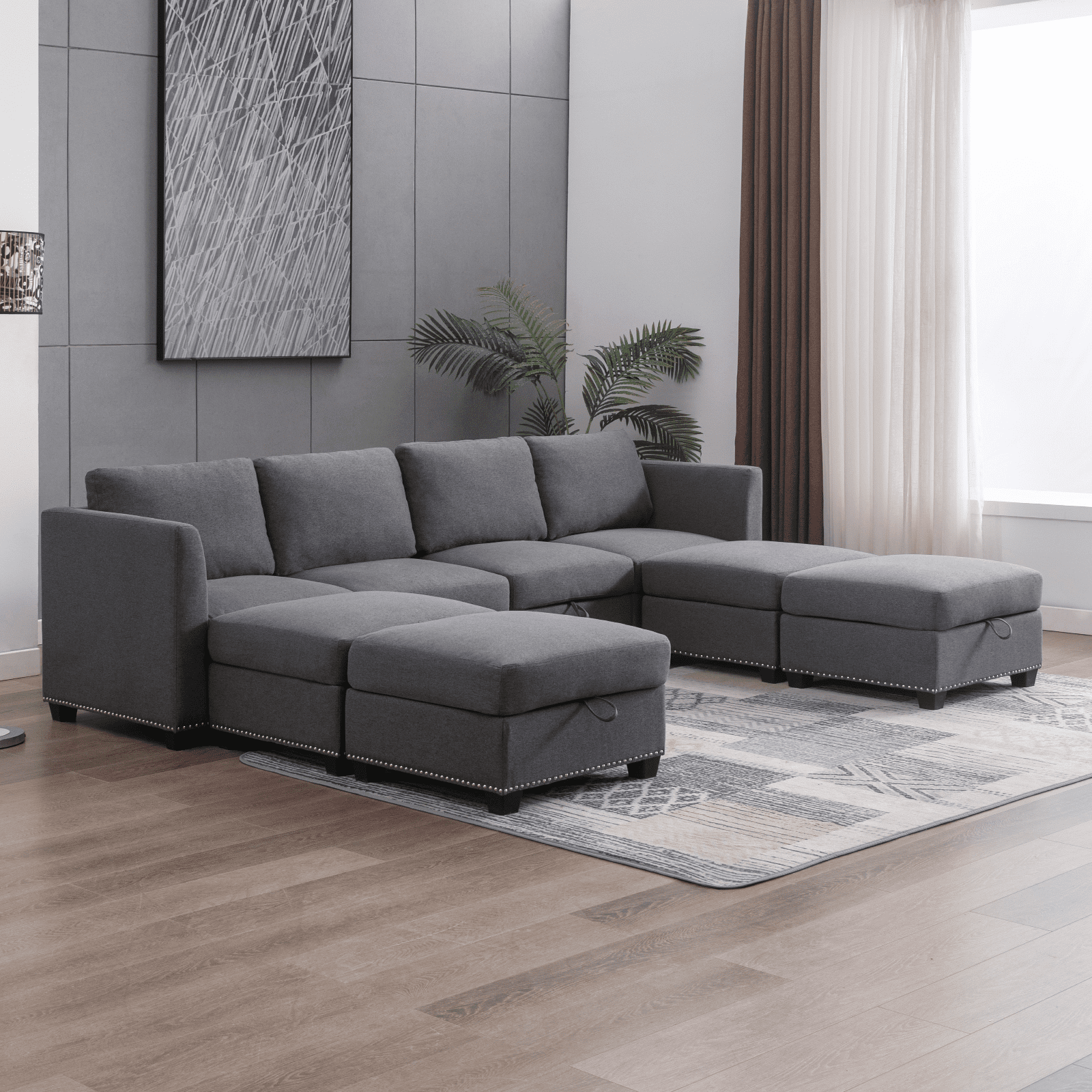 BALUS 115"W Upholstered Sectional Sofa U L Shape Lounge with Storage