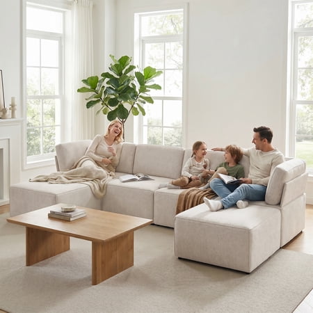 Mjkone 116" U Shaped Modular Sectional Sofa, 6-Seats Convertible Sofa Bed Furniture, Sectional Couches for Living Room, Linen,Beige