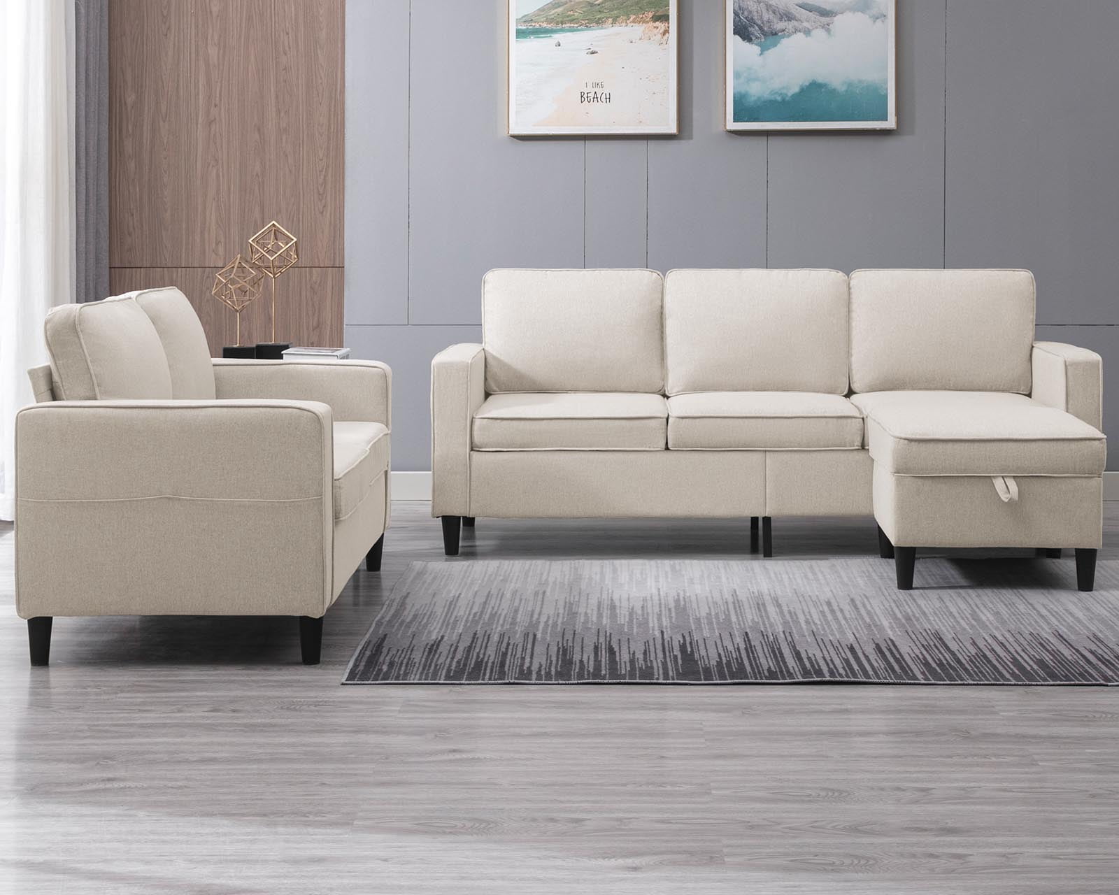 BALUS 2 Piece Living Room Furniture Sets, Convertible Sectional Sofa Set with Storage Ottoman, Beige