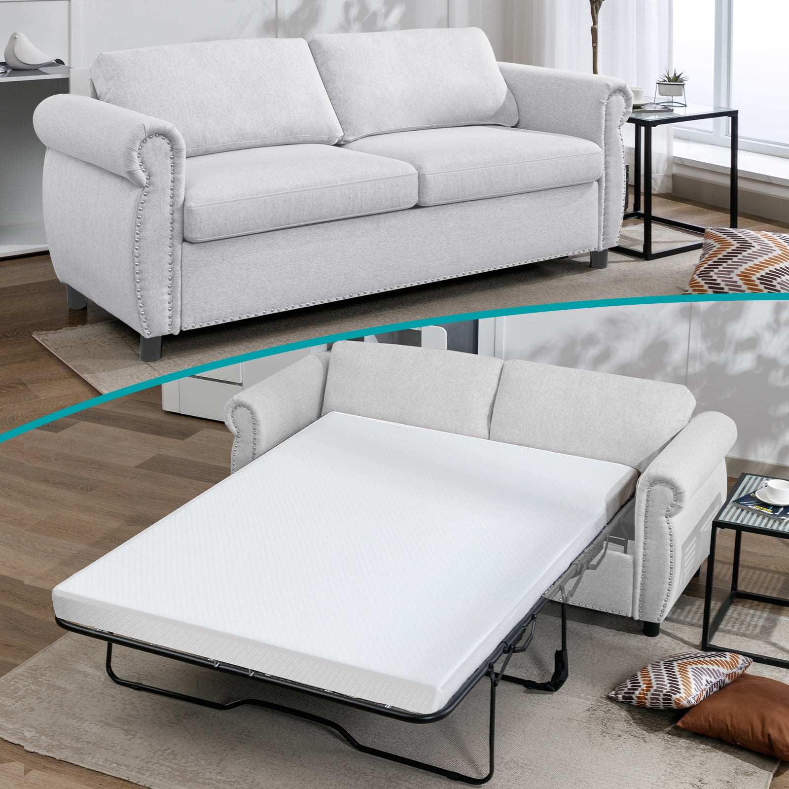 BALUS 2 in 1 Pull Out Sofa Bed Upholstered 2 Seat Loveseat Sofa Queen Size Convertible Couch Bed with Mattress Sleeper Sofa Couch for Living Room