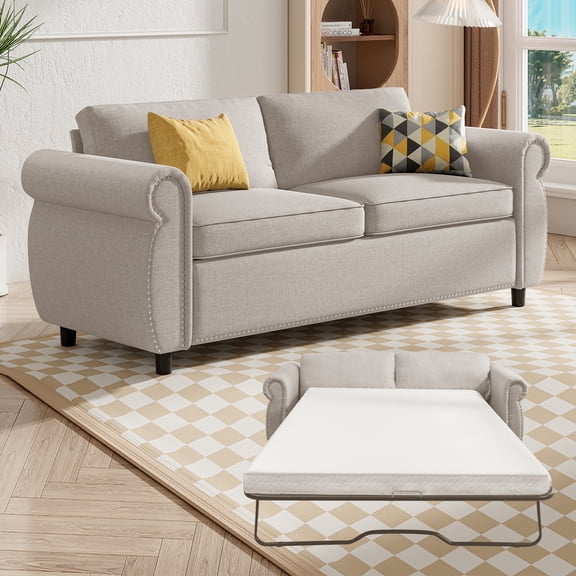BALUS Queen Size Pull Out Sofa Bed with 4" Foam Mattress , Queen Sleeper Sofa for Living room , Velvet and Metal , Beige