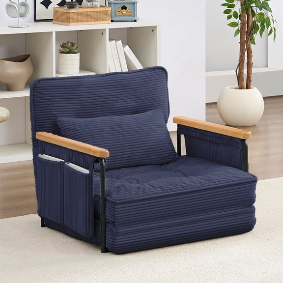 BALUS 30" Single Lazy Floor Sofa Bed, 3-in-1 Sleeper Foldable Futons with Mattress, Folding Bean Bag Bed for Living Room, Corduroy, Blue