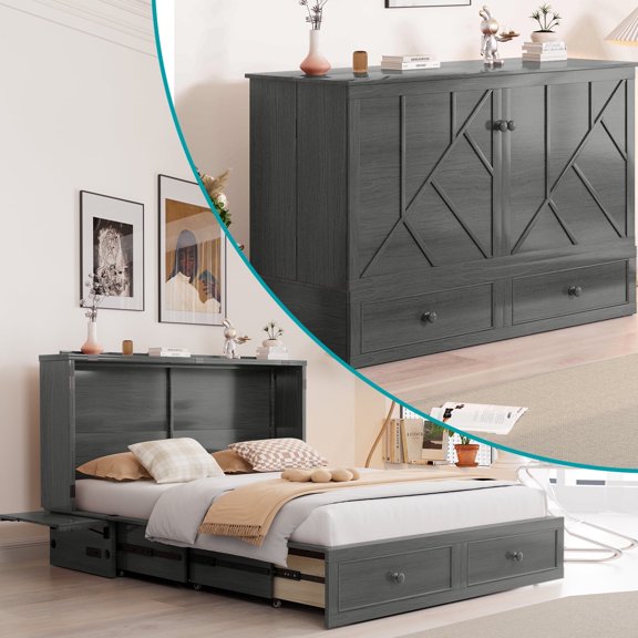 BALUS 64" Murphy Bed Cabinet with Mattress, Queen Size Modern Multi-Functional Cube Bed with Folding Foam Mattress, Stone Grey