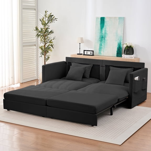 BALUS 78"×83" Pull Out Sofa Bed with 4 Pillows, King Size 3-in-1 Convertible Loveseat Sofa Bed , Sleeper Sofa Queen Size Futon Sofa Bed for Living Room, Ice Velvet, Black