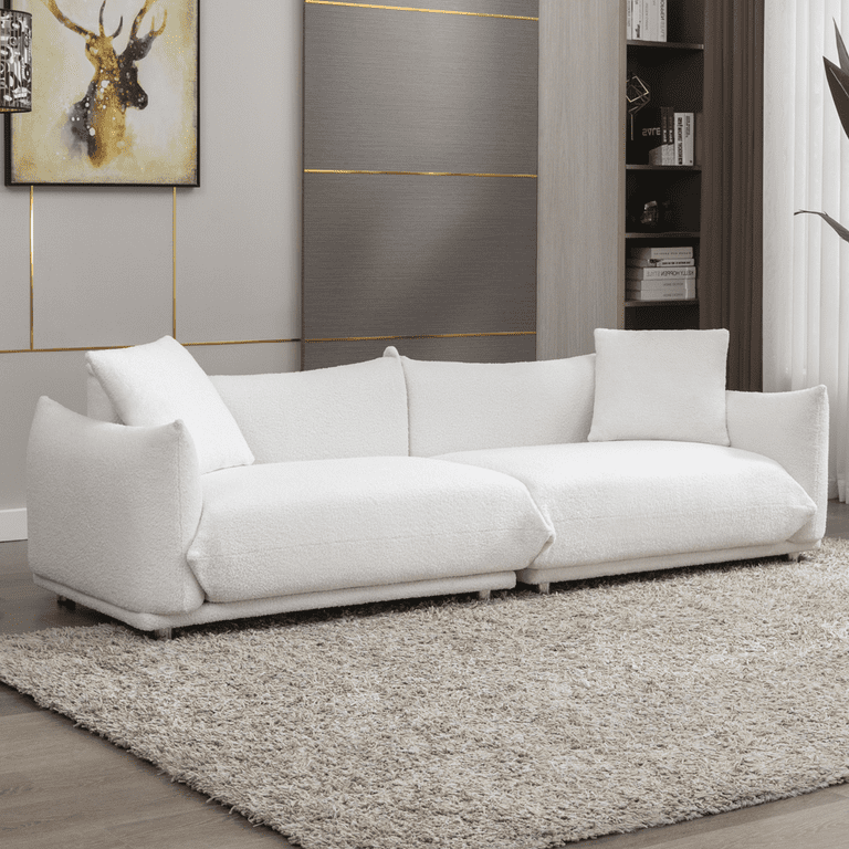 Hison Lambswool 3 Seat Cushion Couch 87'' Comfy Couch for Living Room deep  seat Sofa with 2 Pillows (White)