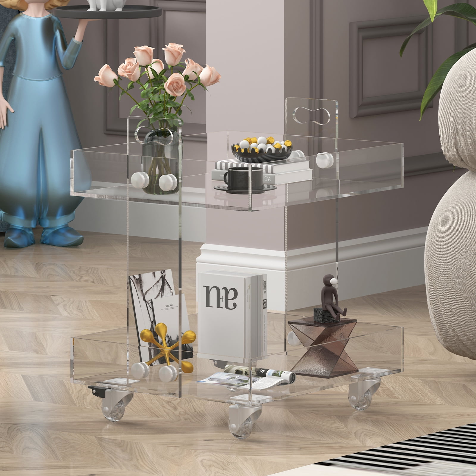 ONELUX Clear Acrylic C-Shaped End Table – Rolling Side Table For Small Spaces