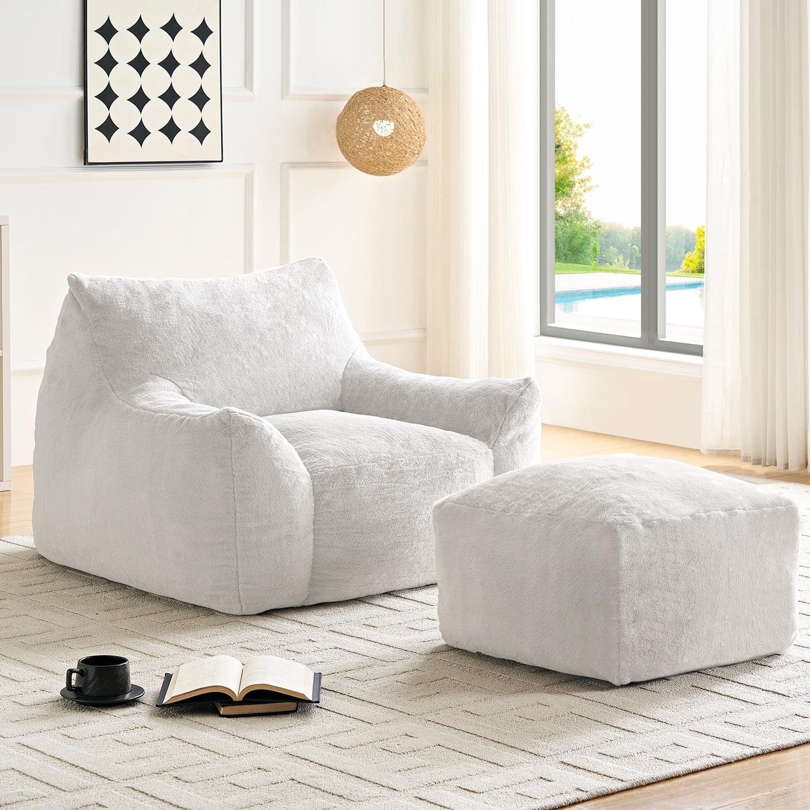 BALUS 42" Faux Fur Bean Bag Chair with 22" Ottoman and Armrests, Giant Bean Bag Chair for Adults, Comfy Chair with Armrests for Bedroom, White