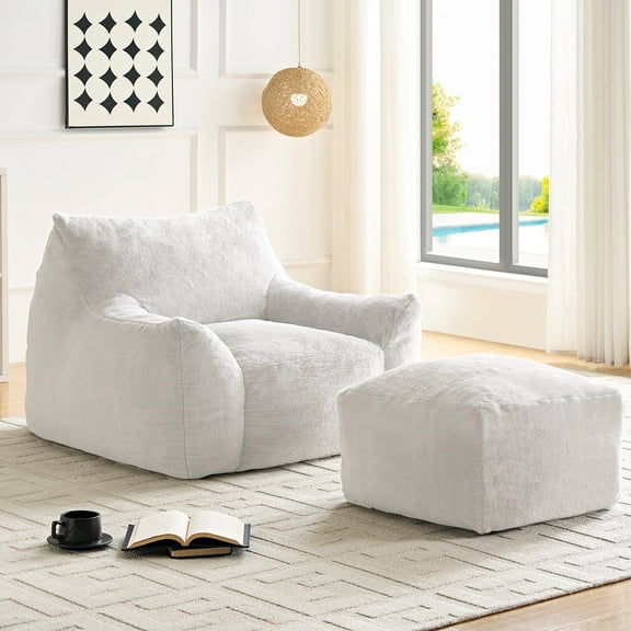 BALUS 42" Faux Fur Bean Bag Chair with 22" Ottoman and Armrests, Giant Bean Bag Chair for Adults, Comfy Chair with Armrests for Bedroom, White