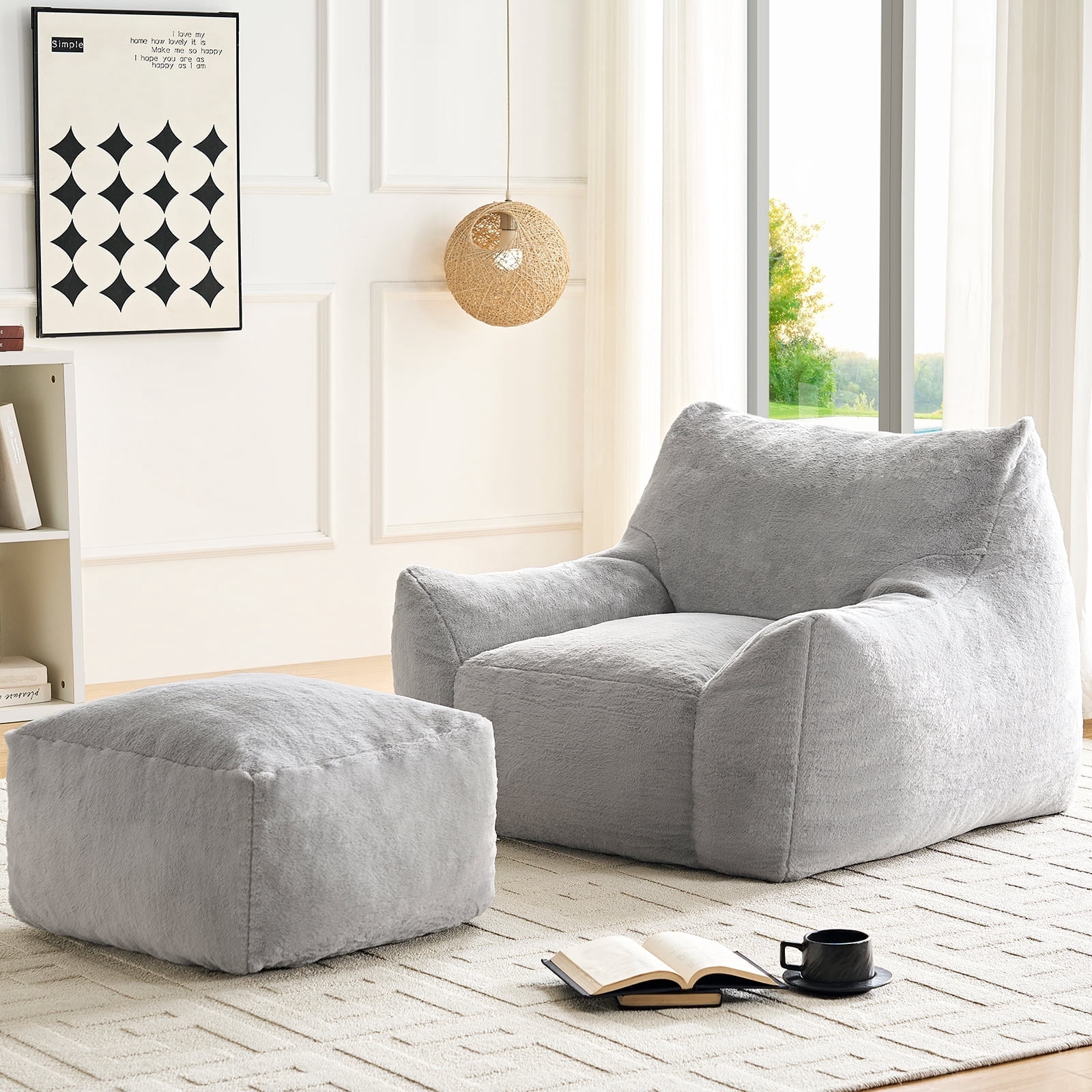 BALUS 42" Faux Fur Bean Bag Chair with 23" Ottoman and Armrests, Giant Bean Bag Chair for Adults, Comfy Chair with Armrests for Bedroom, Light Gray
