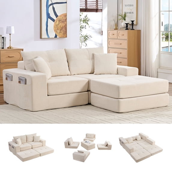BALUS Boneless Cloud Modular Sofa with Ottoman, 4 in 1 Queen Size Sofa Bed, No Assembly, Floor Futon Couch Bed for Living Room, Chenille, Beige