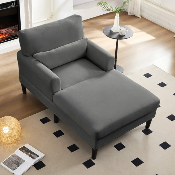 BALUS Chaise Lounge Chair Indoor, Oversized Velvet Sleeper Chair With Comfy Backrest Pillow, Modern Living Room Sofa Chair, Dark Grey